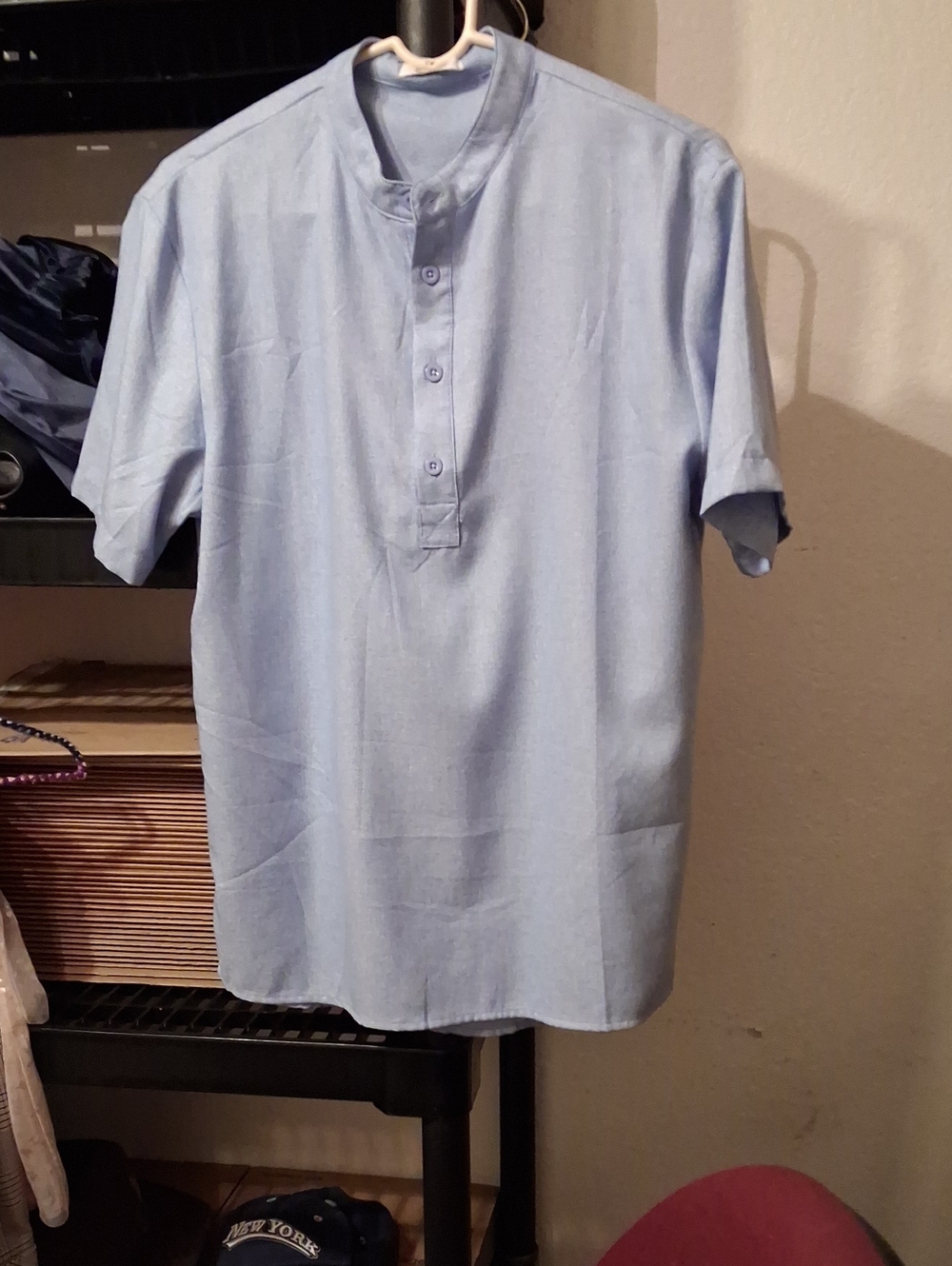 Coofandy Men's Light Blue Short-Sleeve Mandarin Collar Button-Down Shirt